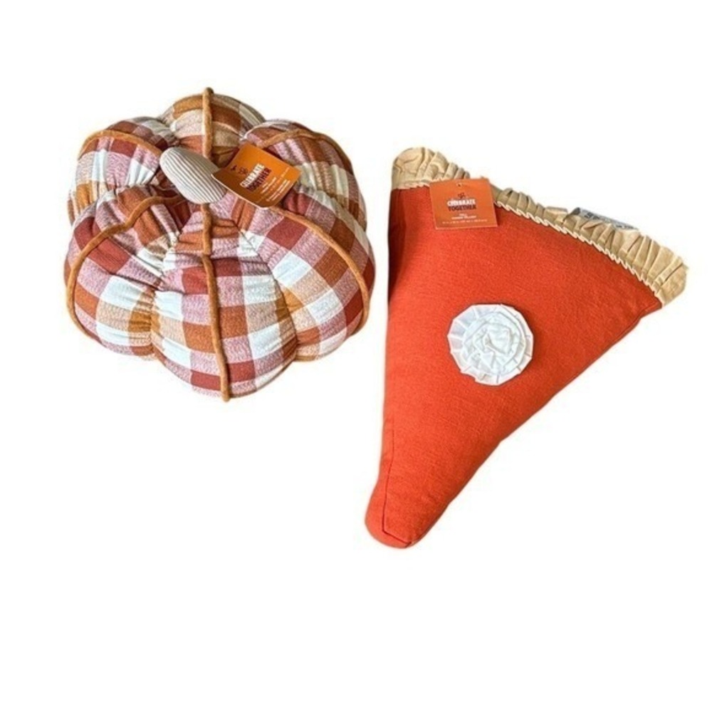 Celebrate Together Oversized Orange Plaid Pumpkin & Pie Slice Accent Pillow NEW